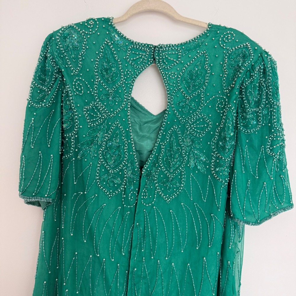 Vintage Mark & John by Gopal Women's 100%‎ Pure Silk Maxi Beaded Green Dress 2X - Picture 11 of 16